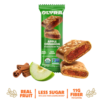 Olyra Apple Cinnamon fruit and grain bar packaging with nutrition claims
