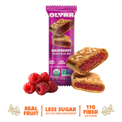 Olyra Raspberry Fruit & Grain Bar packaging with a stack of bars and raspberries on a white background