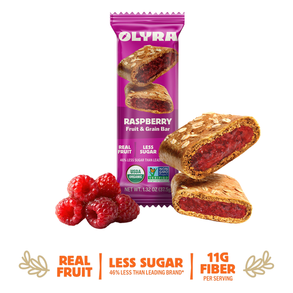 Olyra Raspberry Fruit & Grain Bar packaging with a stack of bars and raspberries on a white background
