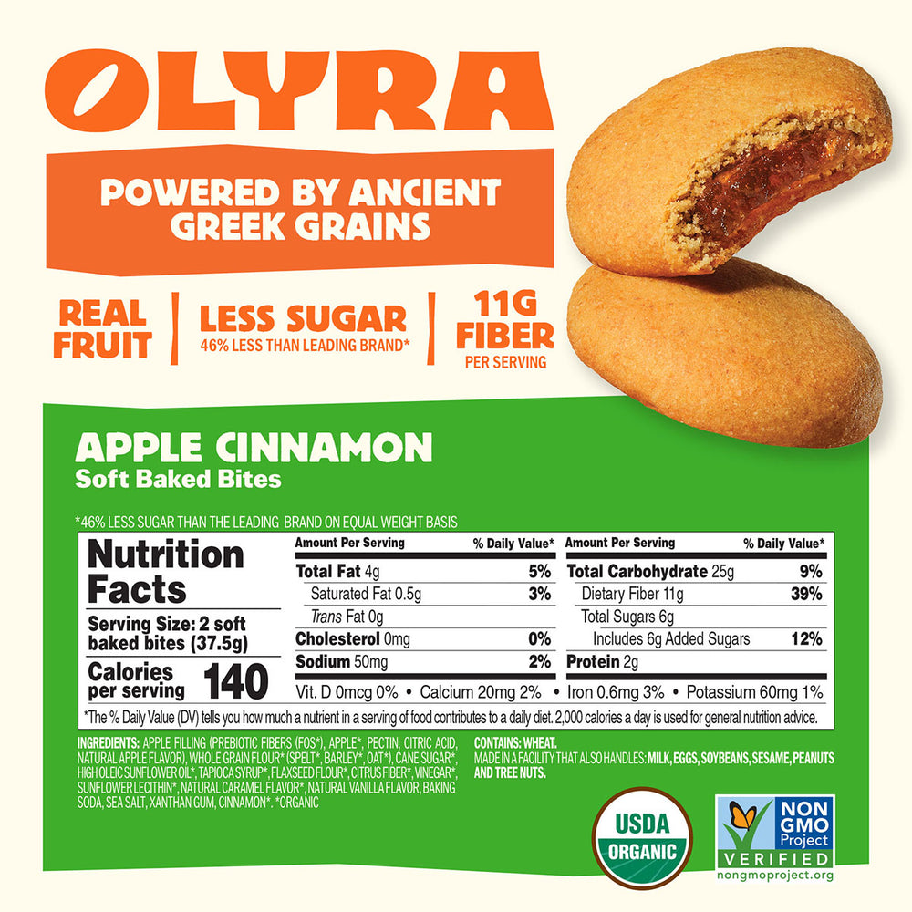 Olyra Apple Cinnamon soft baked bites packaging with nutritional information and branding details.