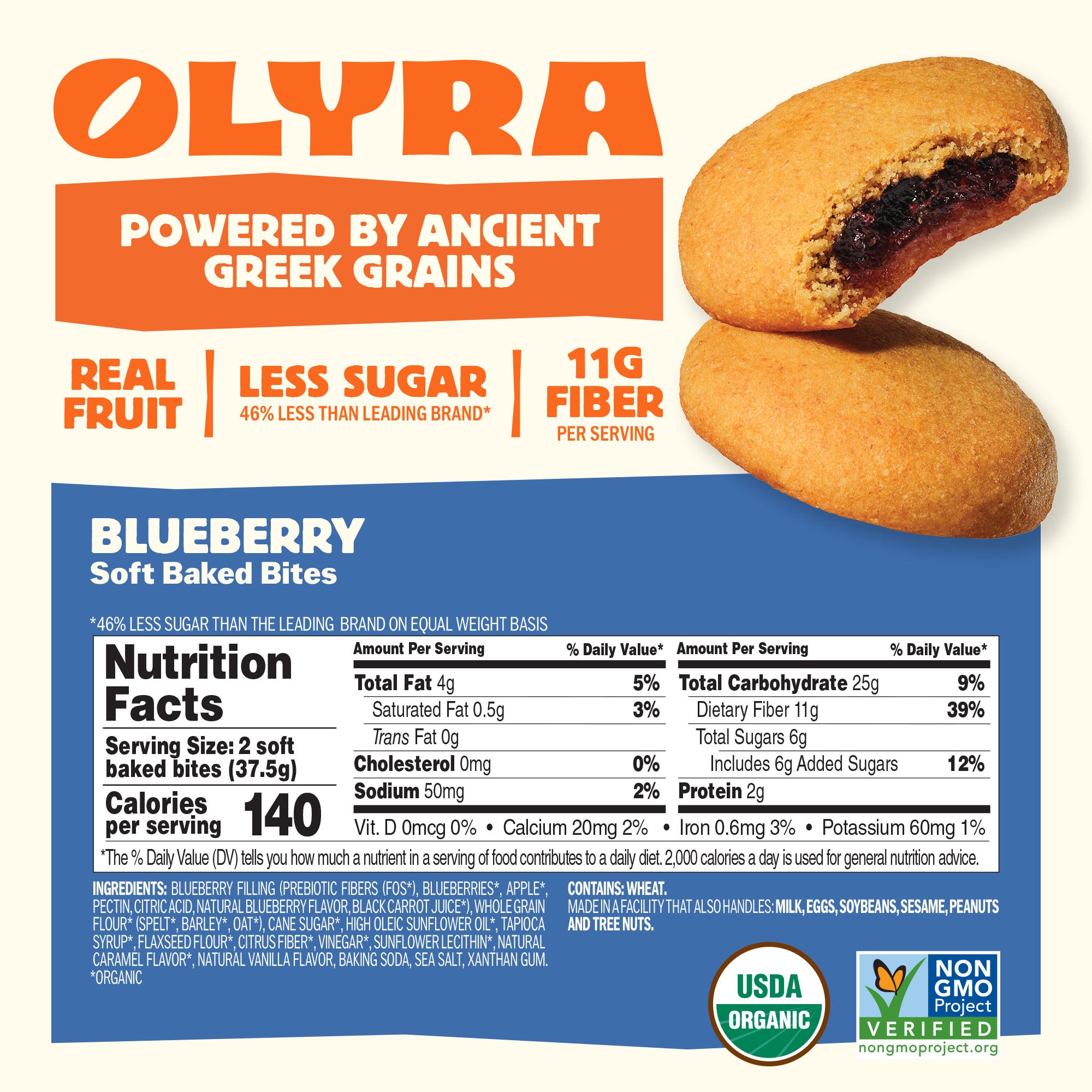 Olyra Blueberry Soft Baked Bites packaging with nutritional information and branding details.