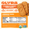 Olyra cinnamon tahini breakfast biscuits packaging with nutritional information and branding details.