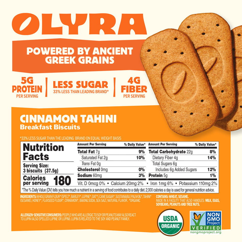 Olyra cinnamon tahini breakfast biscuits packaging with nutritional information and branding details.