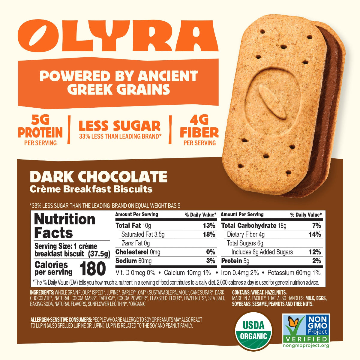 Olyra dark chocolate crème breakfast biscuits packaging with nutritional information.