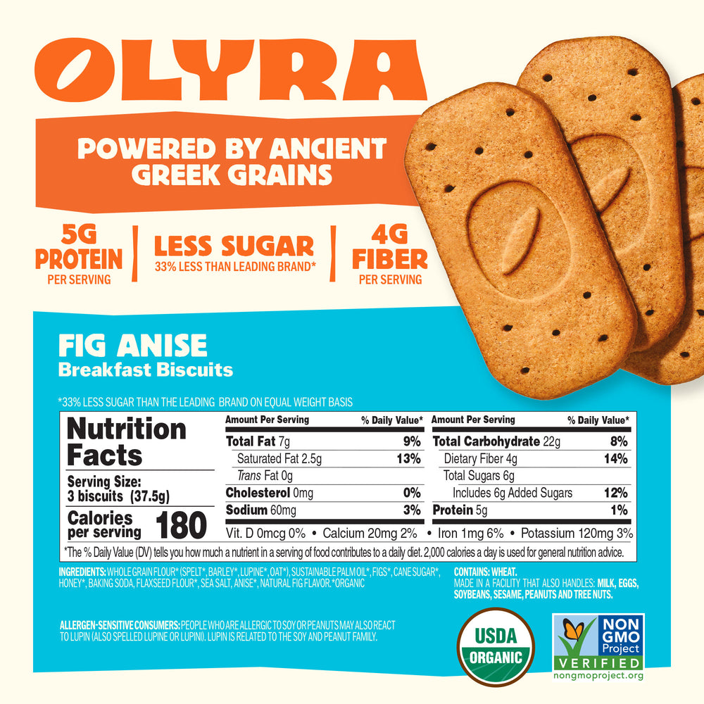 Olyra Fig Anise Breakfast Biscuits packaging with nutritional information and branding details.