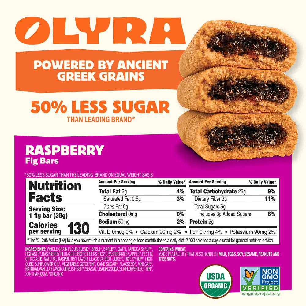 Olyra raspberry fig bar packaging with nutritional information and branding details.