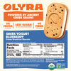 Olyra Greek Yogurt Blueberry Creme Breakfast Biscuit packaging with nutritional information and branding details.