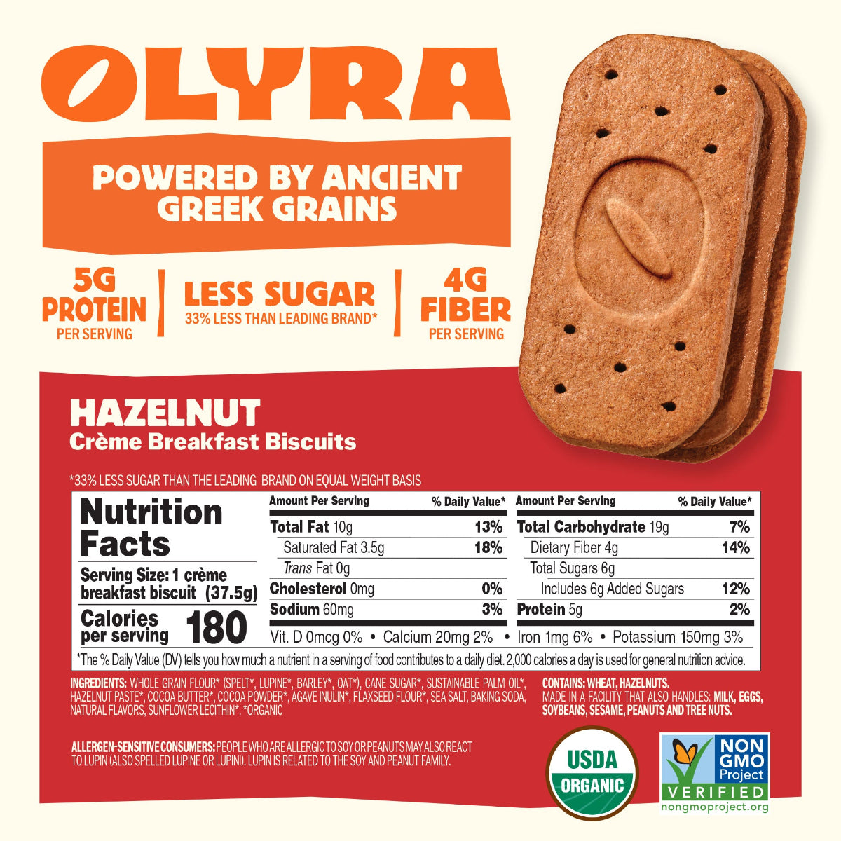 Olyra hazelnut crème breakfast biscuits packaging with nutritional information.