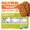 Olyra Hazelnut Carob Breakfast Biscuits packaging with nutritional information and branding details.
