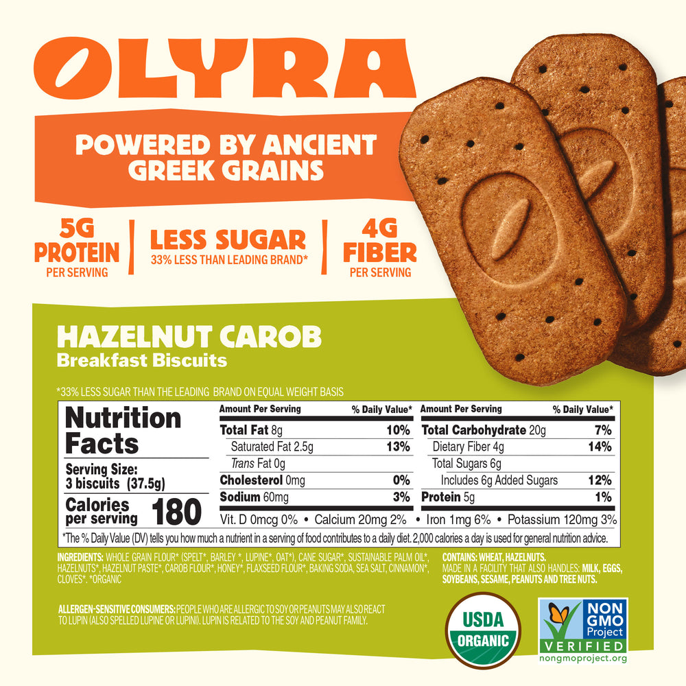 Olyra Hazelnut Carob Breakfast Biscuits packaging with nutritional information and branding details.
