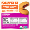 Olyra raspberry soft baked bites packaging with nutrition facts and branding details.