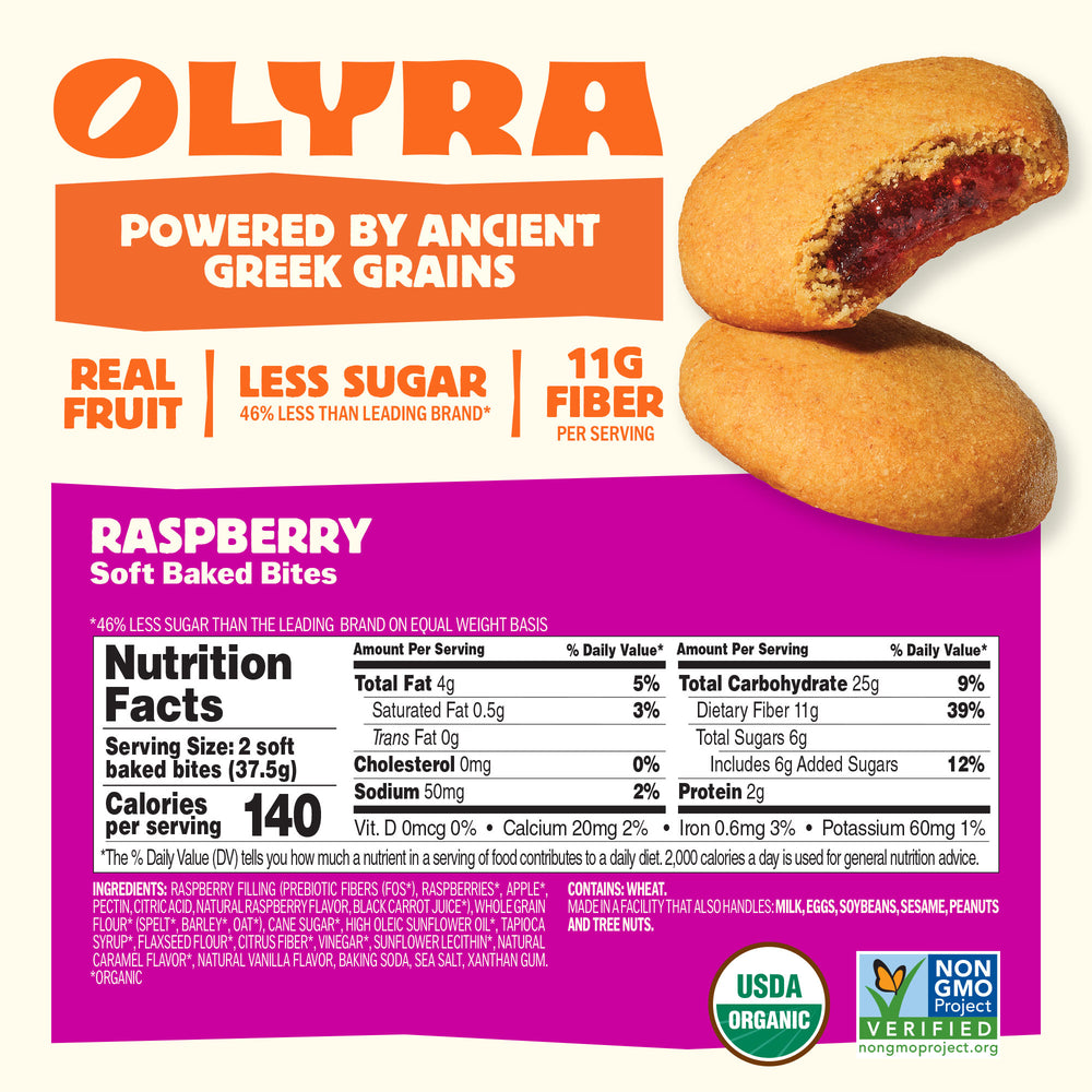 Olyra raspberry soft baked bites packaging with nutrition facts and branding details.