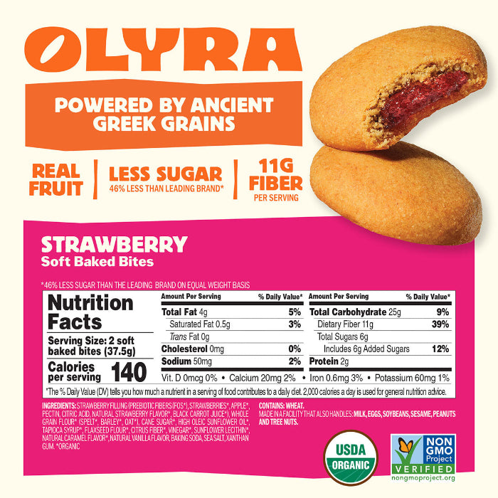 Olyra strawberry soft baked bites packaging with nutritional information and branding details.