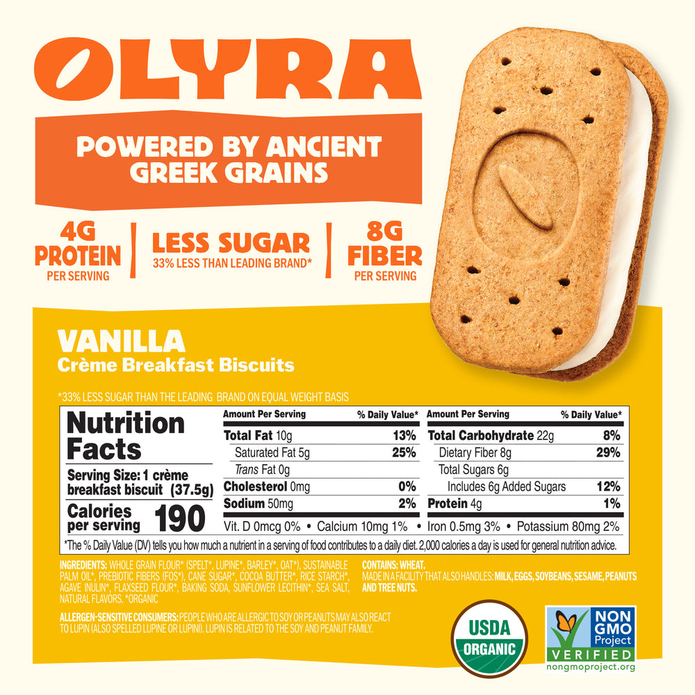 Olyra Vanilla Crème Breakfast Biscuit with nutritional information on a yellow background