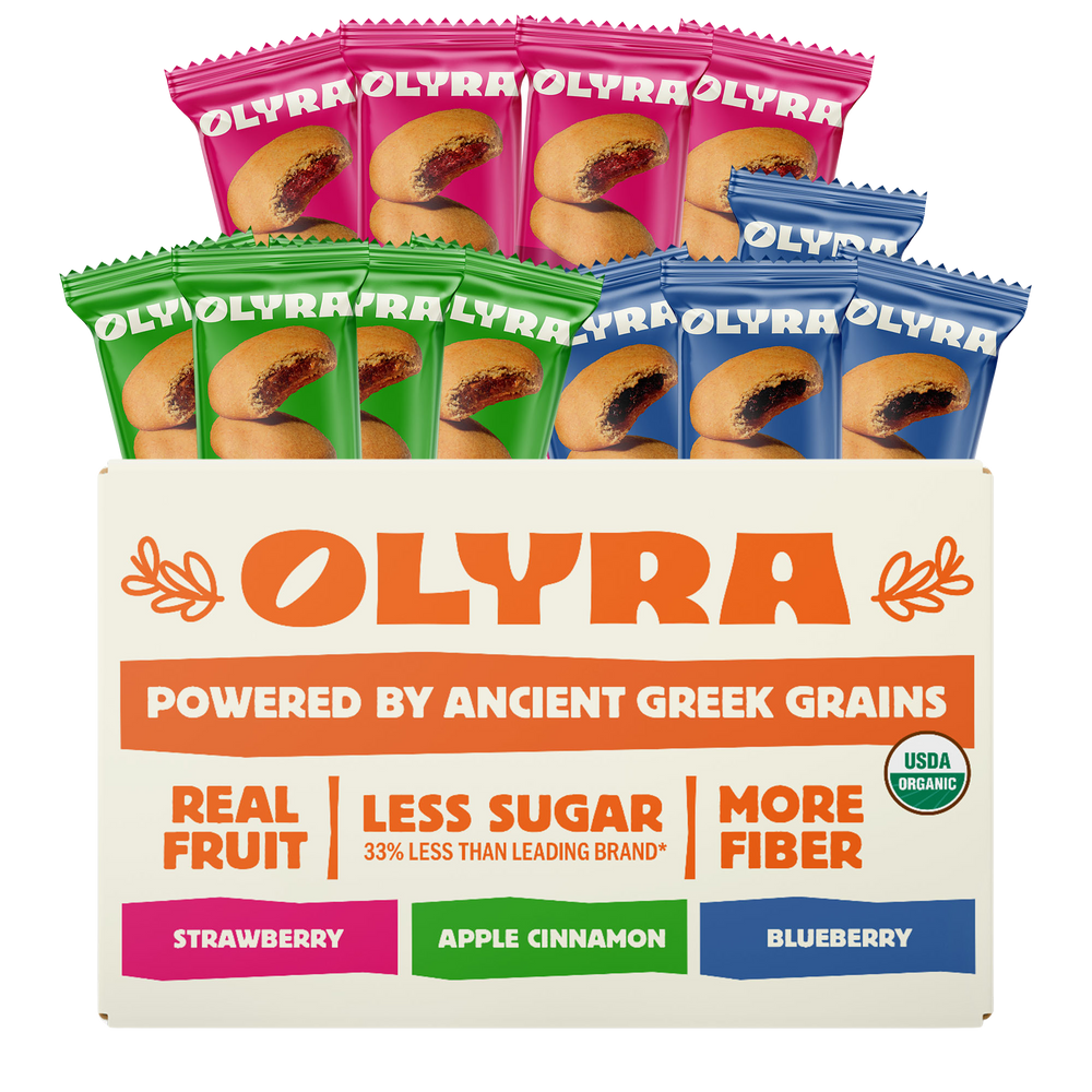 Olyra Fruit Lovers Bundle in strawberry, apple cinnamon, and blueberry flavors on a white background.