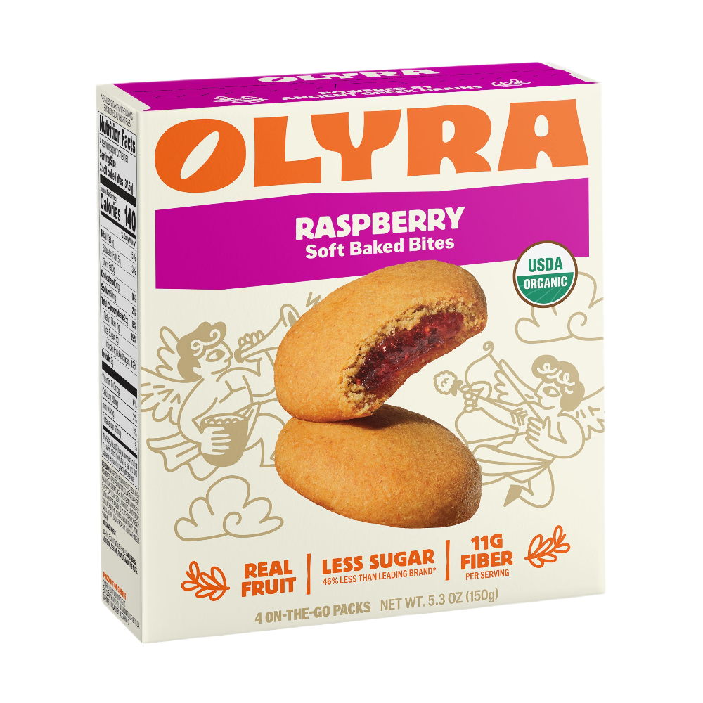 Box of Olyra Raspberry Soft Baked Bites on a white background