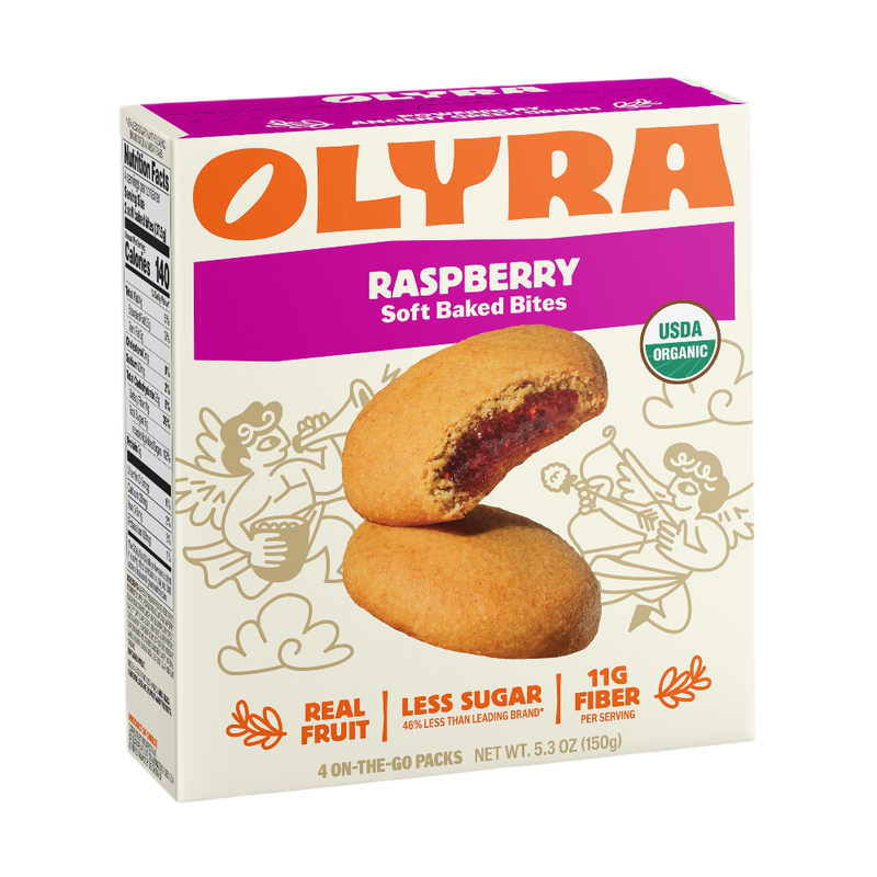 Box of Olyra Raspberry Soft Baked Bites on a white background