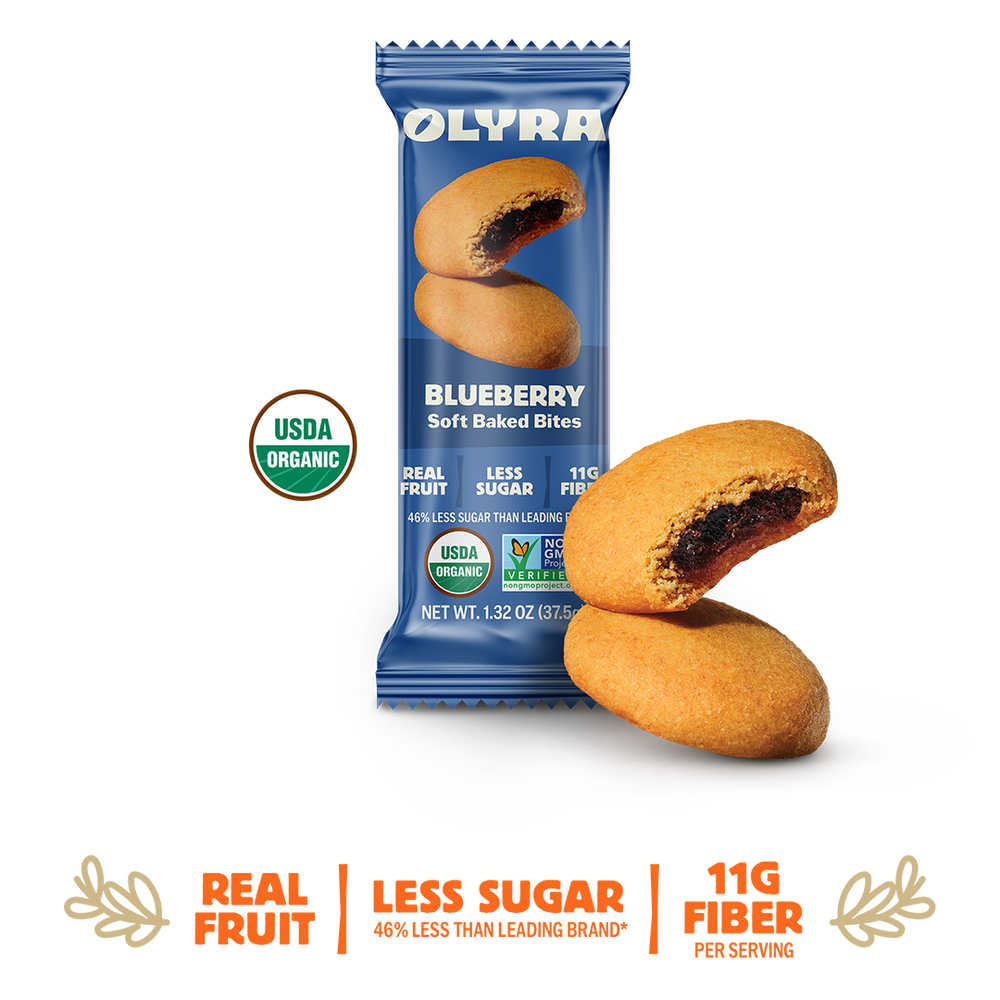Olyra Blueberry Soft Baked Bites packaging with cookies on a white background