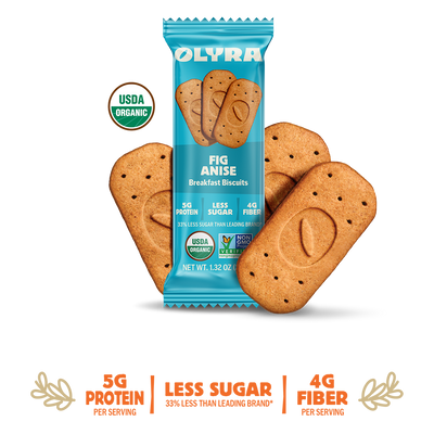 Olyra Fig Anise Breakfast Biscuits packaging with cookies on a background with details