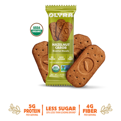Olyra Hazelnut Carob Breakfast Biscuits packaging with cookies on a white background