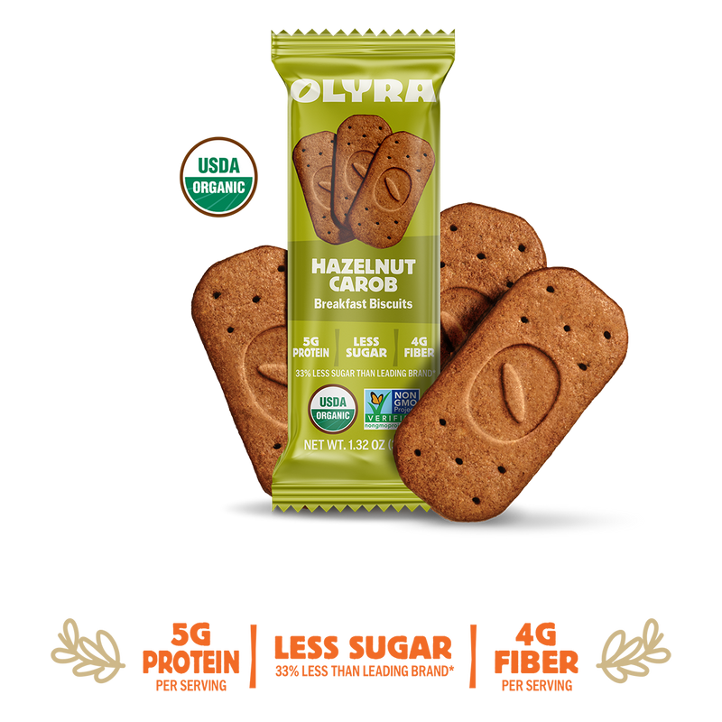 Olyra Hazelnut Carob Breakfast Biscuits packaging with cookies on a white background