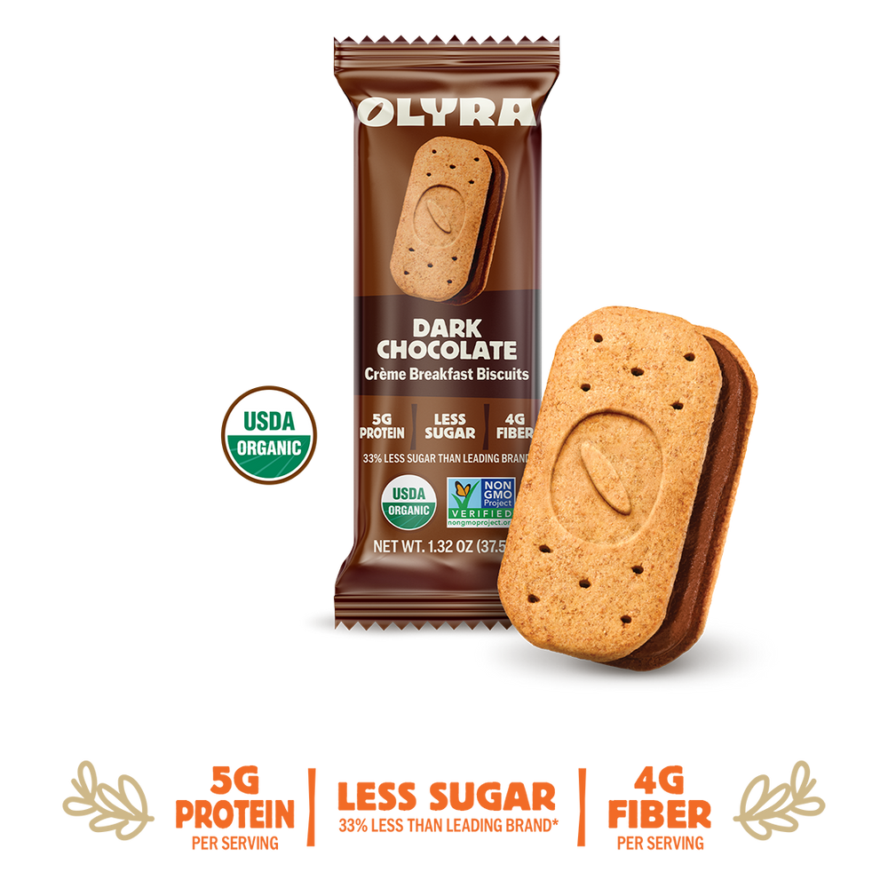 Olyra Dark Chocolate Creme Breakfast Biscuits packaging with a single biscuit on a background with details
