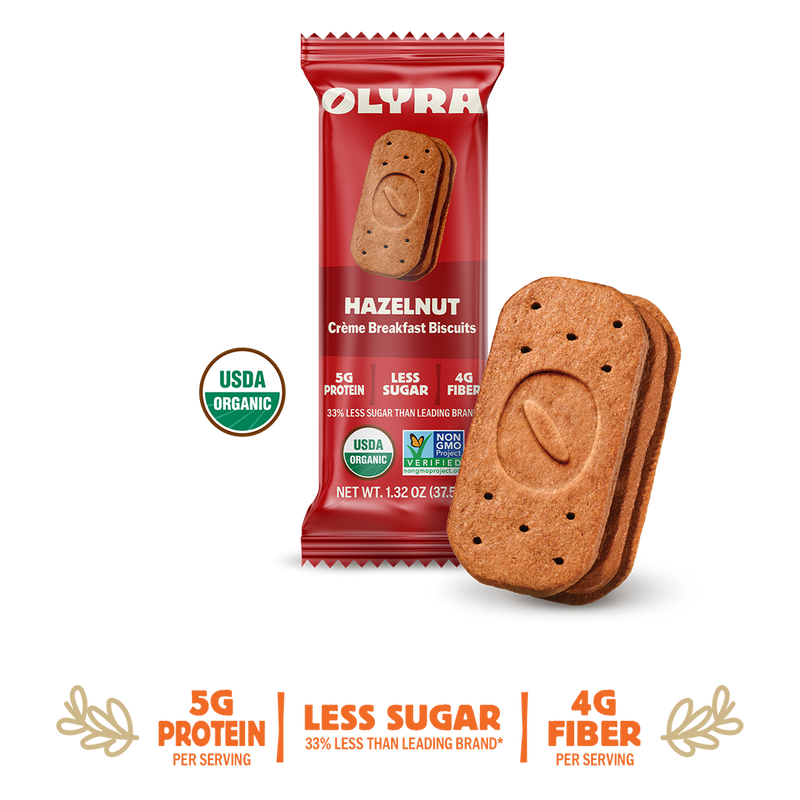 Olyra hazelnut Creme sandwich with packaging and details