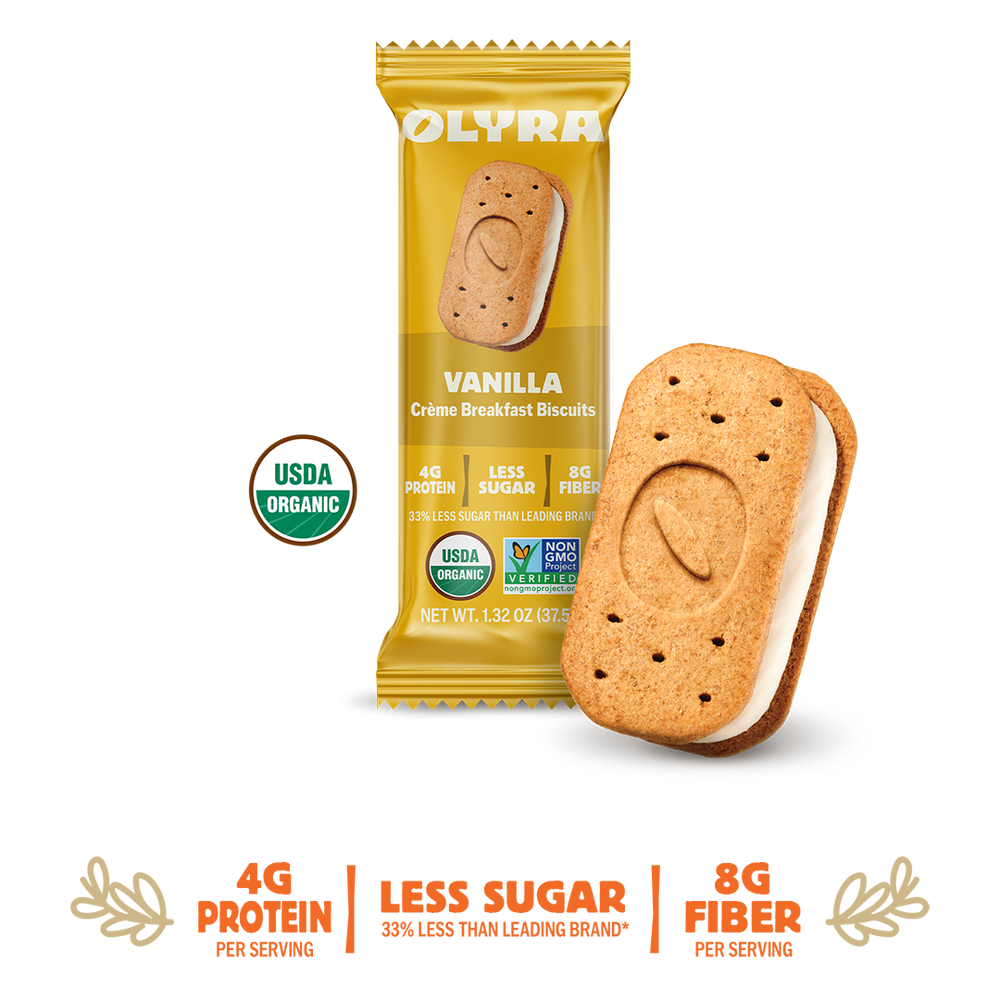 Olyra Vanilla Creme Breakfast Biscuits packaging with a single biscuit sandwich on a background with details