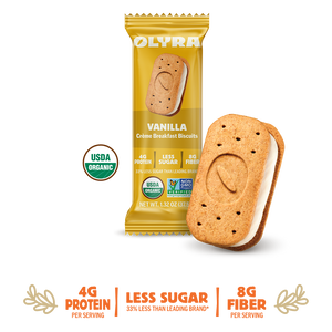 Olyra Vanilla Creme Breakfast Biscuits packaging with a single biscuit sandwich on a background with details