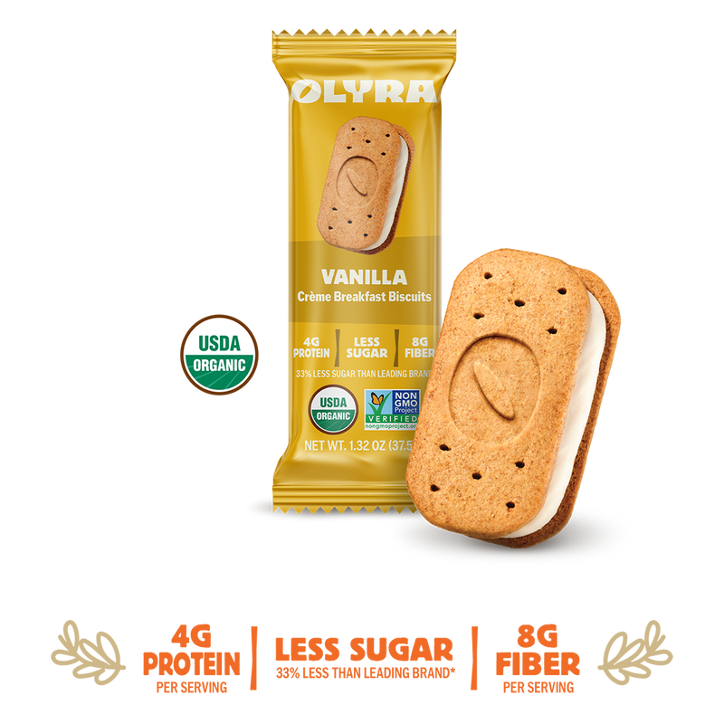 Olyra Vanilla Creme Breakfast Biscuits packaging with a single biscuit sandwich on a background with details