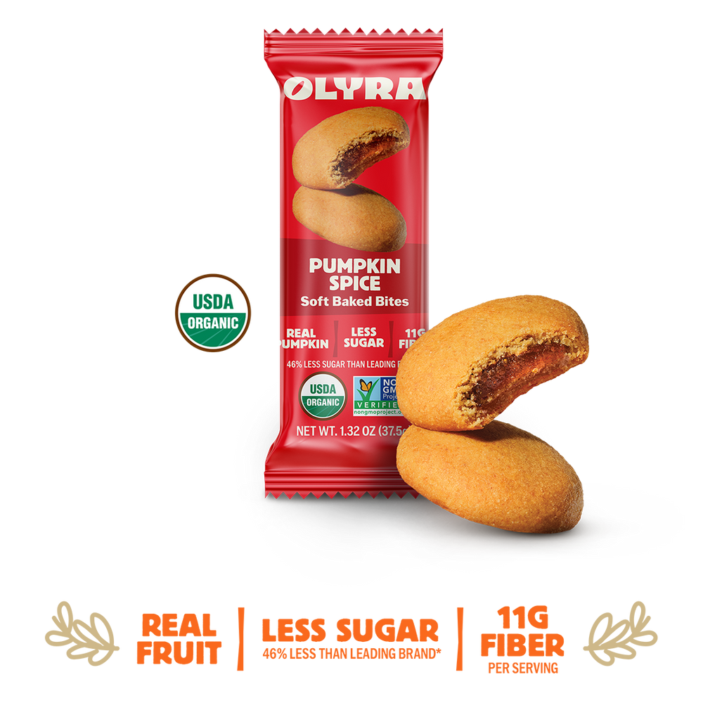 Olyra Pumpkin Spice soft baked bites packaging with two bites on a white background