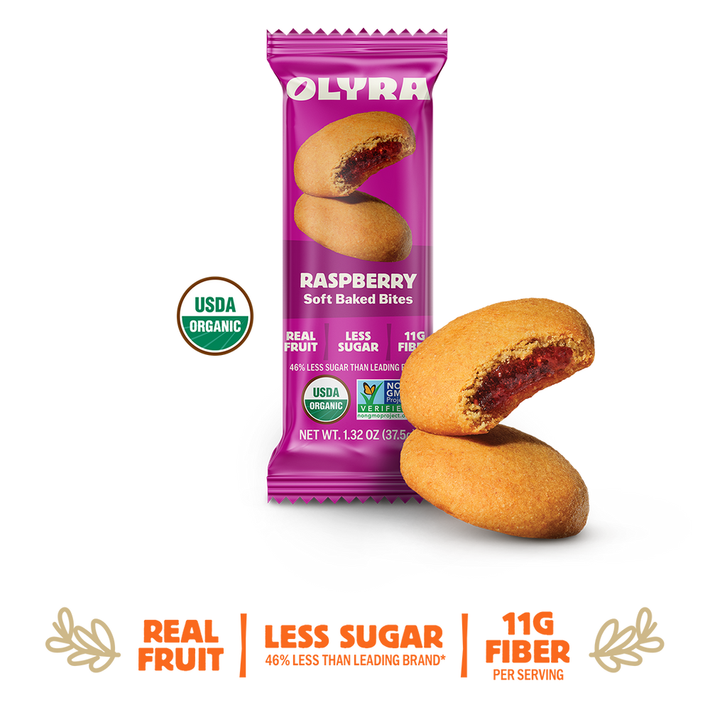 Olyra raspberry soft baked bites packaging with two bites on a white background