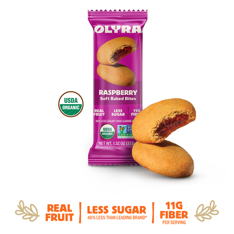Olyra raspberry soft baked bites packaging with two bites on a white background