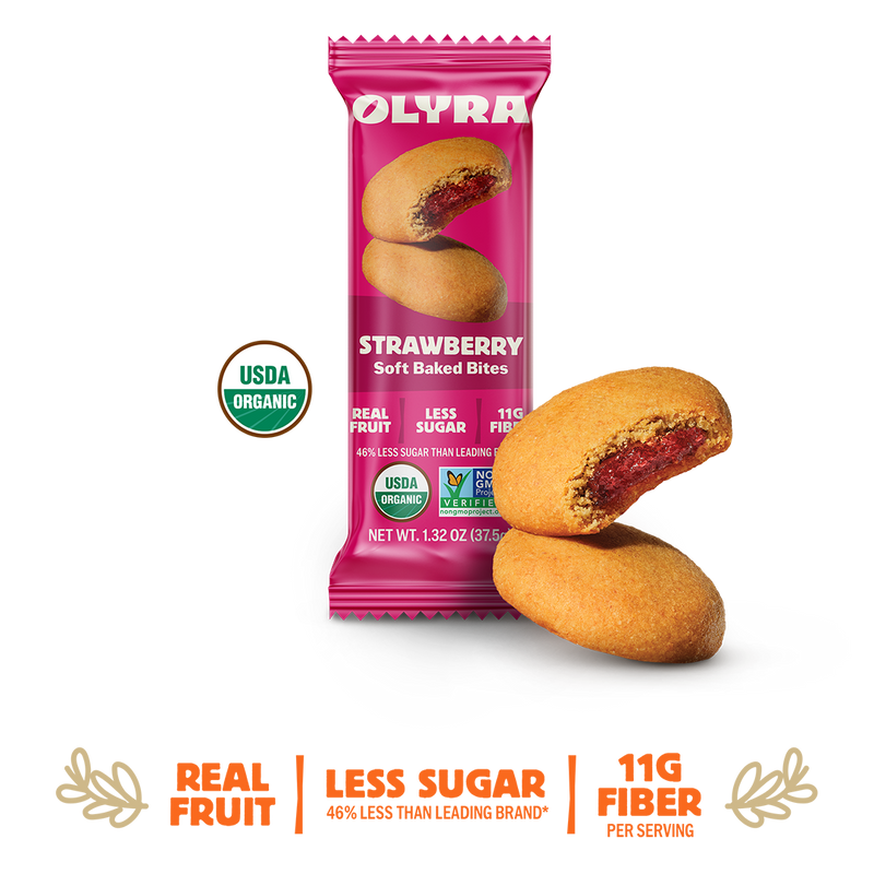 Olyra strawberry soft baked bites packaging with two bites on a white background