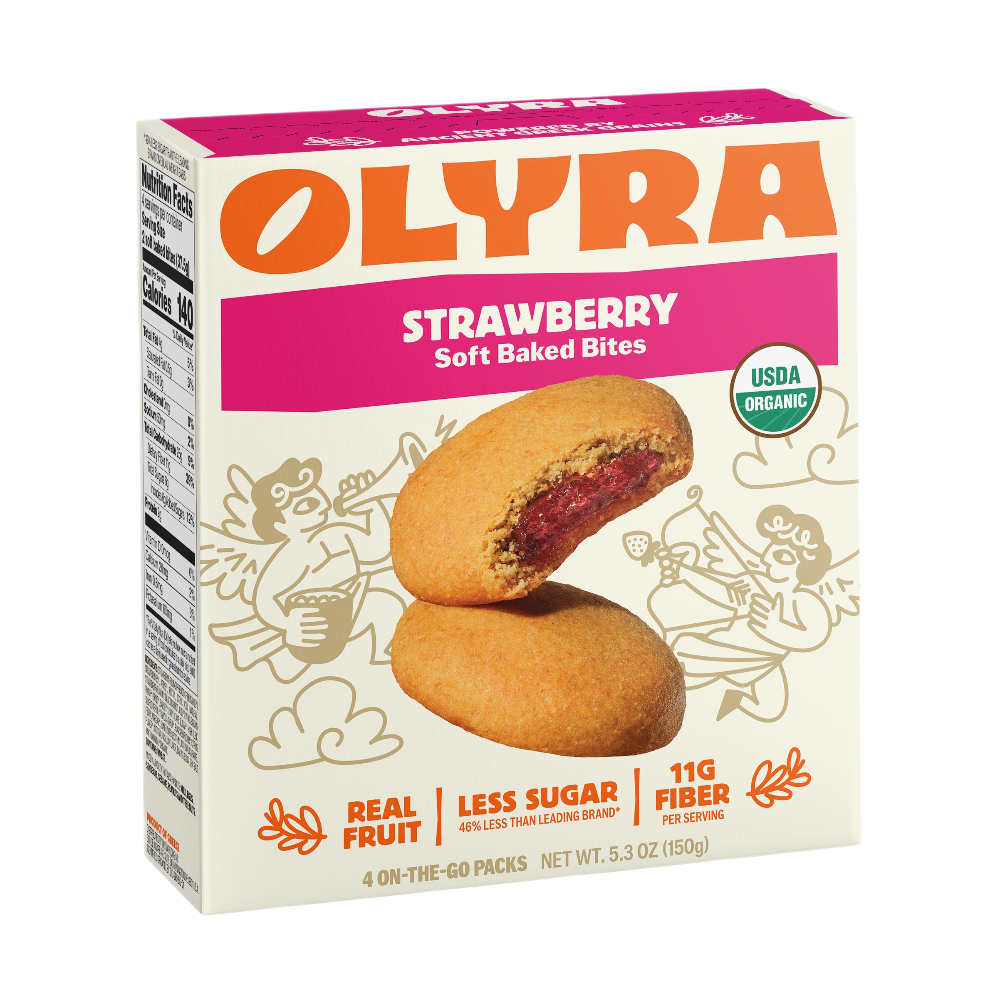 Box of Olyra Strawberry Soft Baked Bites on a white background