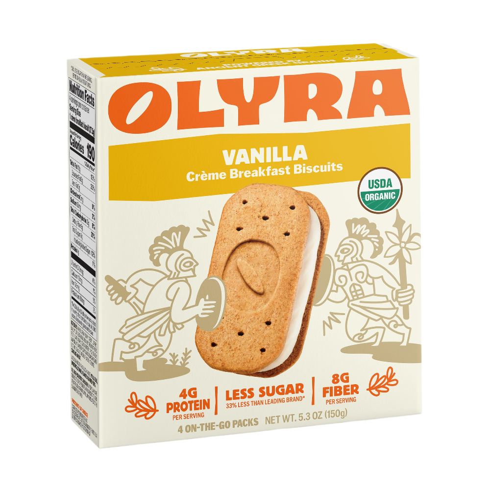 Box of Olyra Vanilla Crème Breakfast Biscuits on a white background