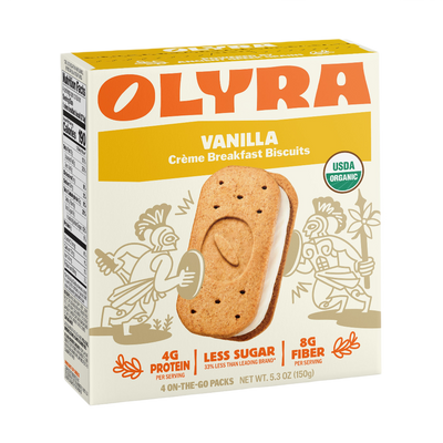 Box of Olyra Vanilla Crème Breakfast Biscuits on a white background