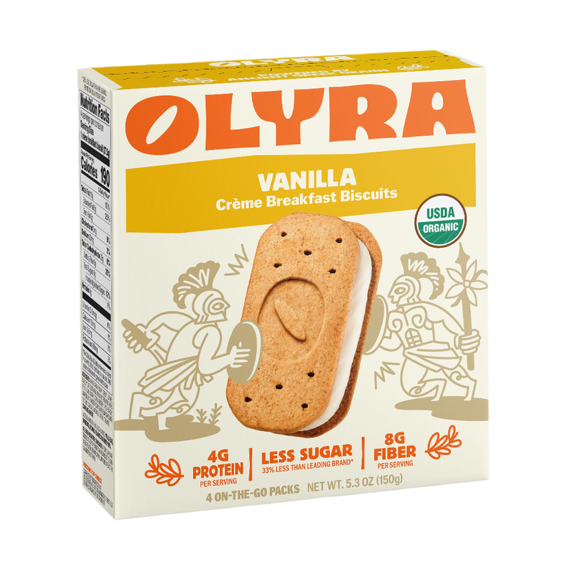 Box of Olyra Vanilla Crème Breakfast Biscuits on a white background