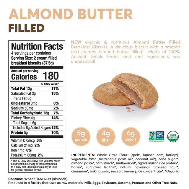 Nutritional information and ingredients list of Olyra Almond Butter Cream Filled Breakfast Biscuits